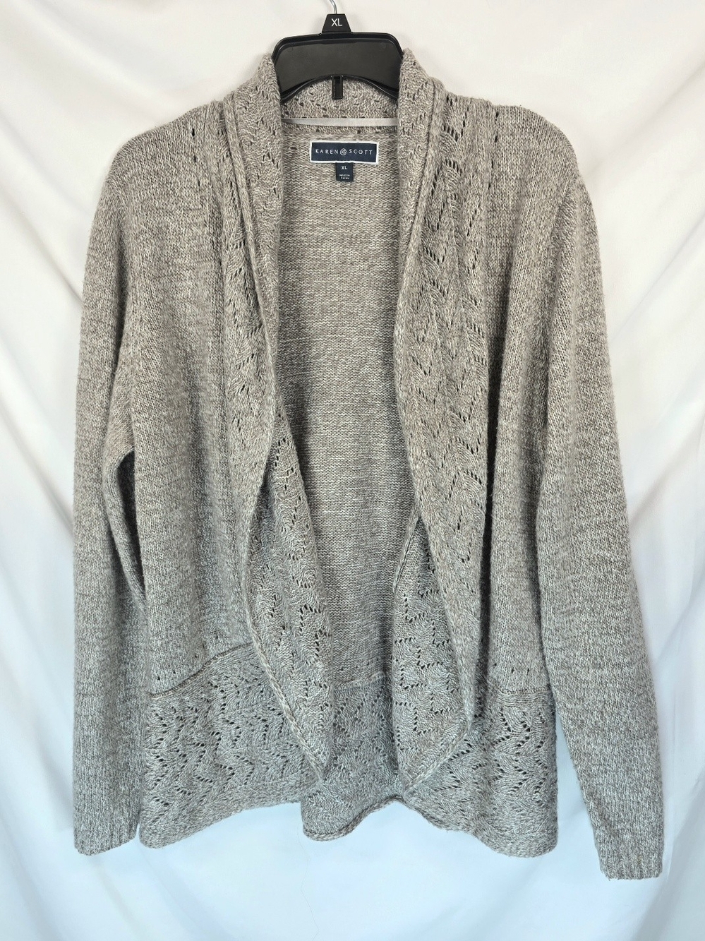 Karen Scott Womens Cardigan XL Gray Marled Open Front Knit Boho Cozy Rustic